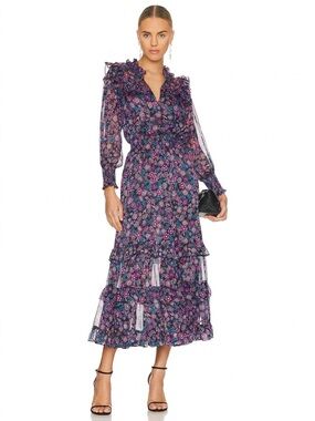 Misa Los Angeles Virginie Maxi Dress Electric Ditsy Boho Party Sheer Feminine